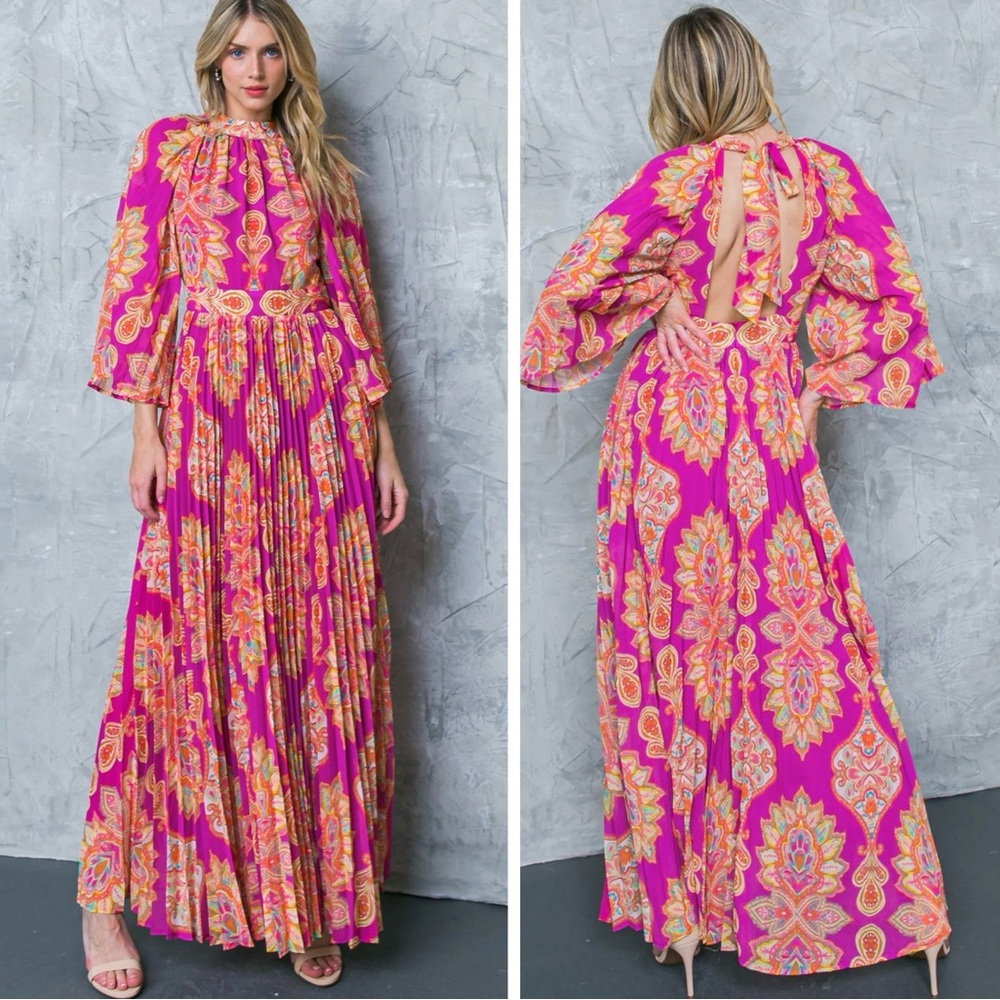 FLYING TOMATO Covered by Love Nina Hot Pink Orange Paisley Pleated Maxi Dress